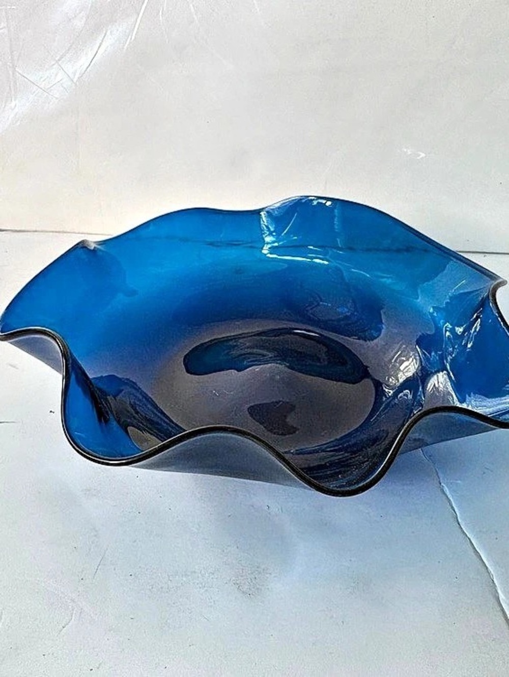 Blue Ruffled Glass Bowl Vintage MCM 8" Diameter X 3" High Cobalt Blue Art Glass